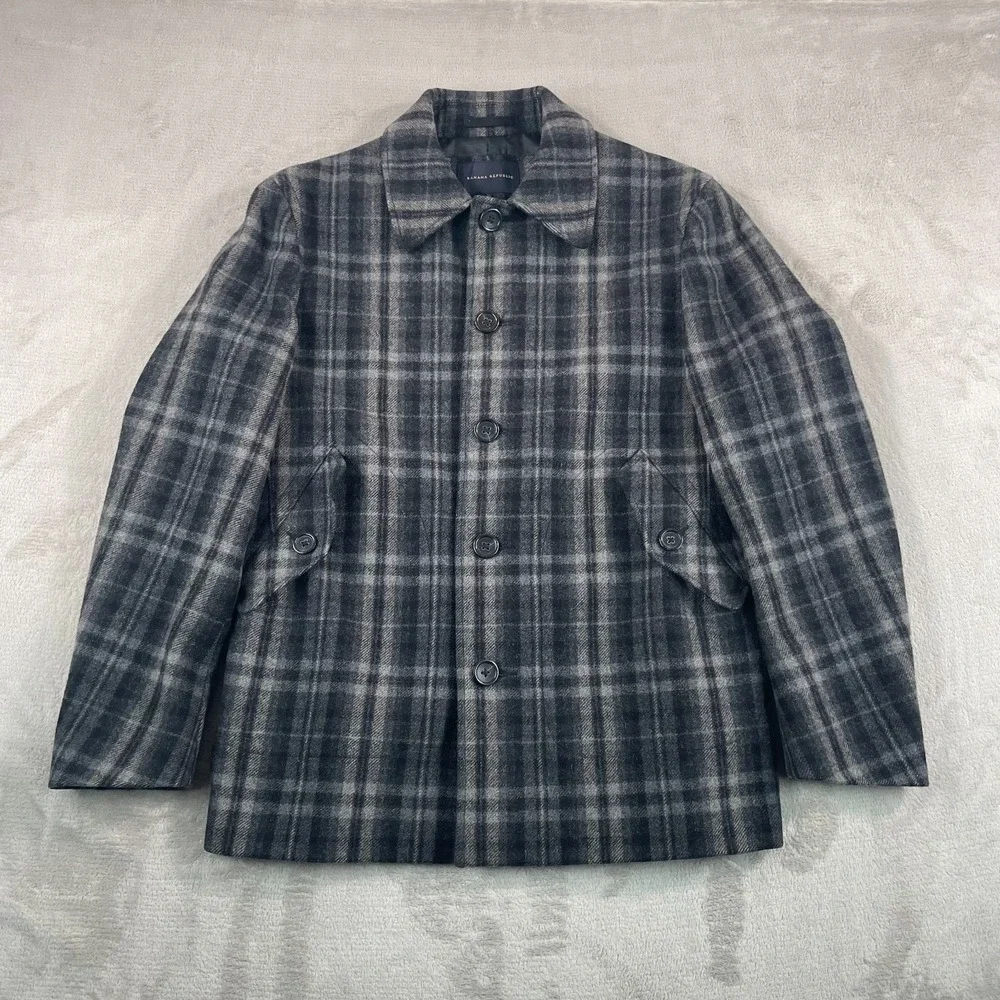 Banana Republic Chore Barn Coat Jacket Men Small Black Grey Plaid Wool Blend NEW